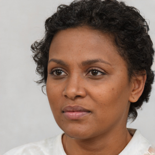 Joyful black adult female with short  brown hair and brown eyes