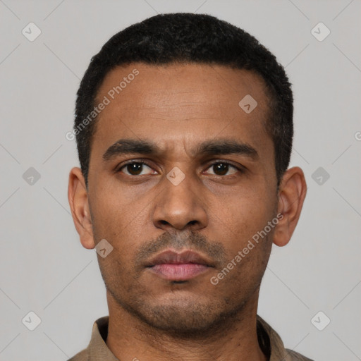 Neutral latino young-adult male with short  black hair and brown eyes