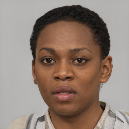 Neutral black young-adult female with short  black hair and brown eyes