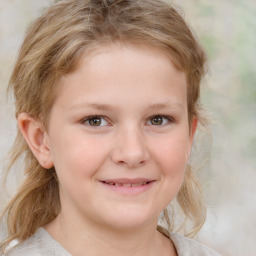 Joyful white child female with medium  brown hair and blue eyes