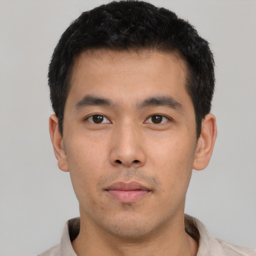 Neutral asian young-adult male with short  black hair and brown eyes