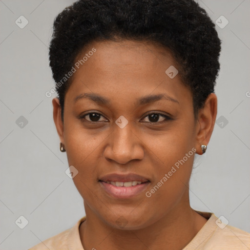 Joyful black young-adult female with short  brown hair and brown eyes
