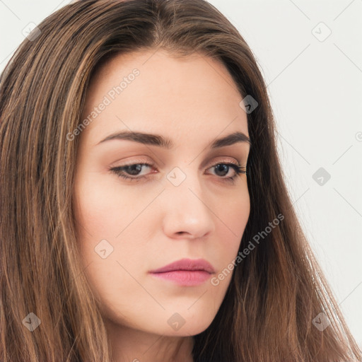 Neutral white young-adult female with long  brown hair and brown eyes