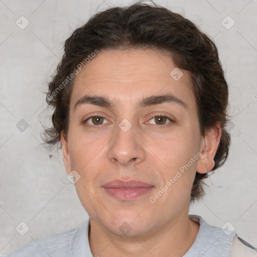 Joyful white adult female with short  brown hair and brown eyes