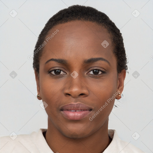 Neutral black young-adult female with short  black hair and brown eyes