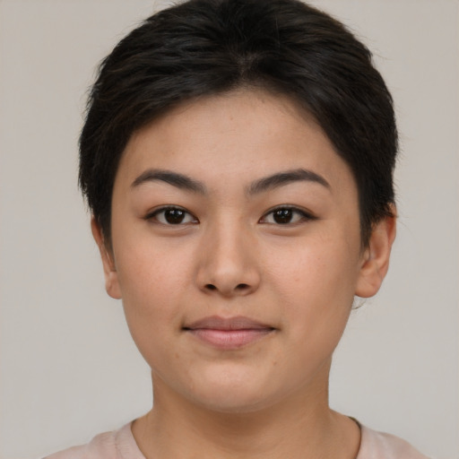 Neutral asian young-adult female with short  brown hair and brown eyes