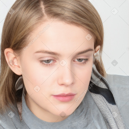 Neutral white young-adult female with medium  brown hair and blue eyes