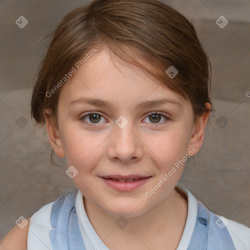 Joyful white child female with medium  brown hair and brown eyes