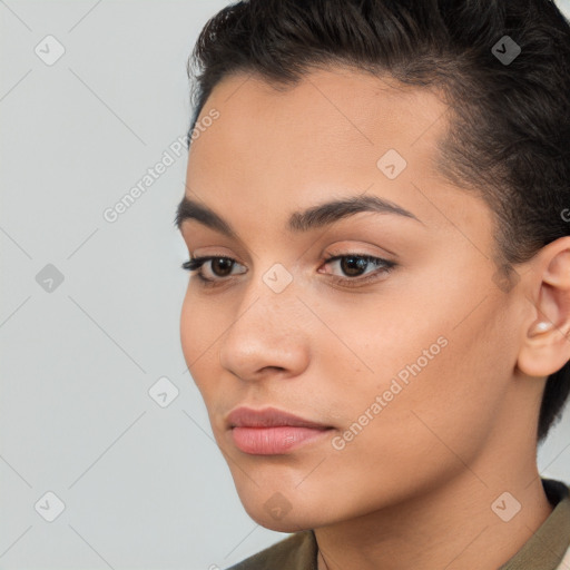 Neutral white young-adult female with short  brown hair and brown eyes