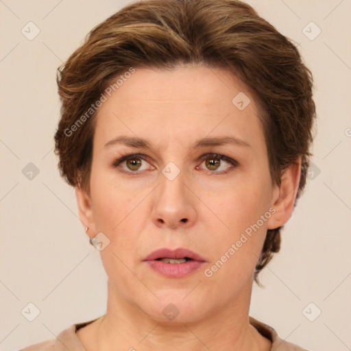 Neutral white adult female with short  brown hair and brown eyes