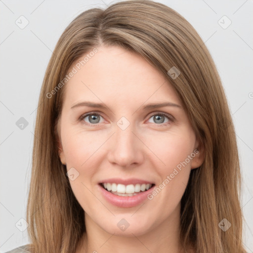 Joyful white young-adult female with long  brown hair and grey eyes