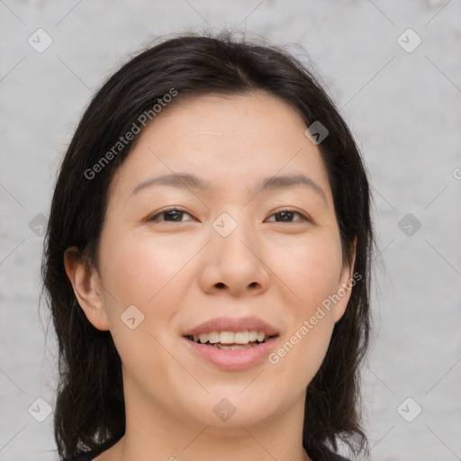 Joyful white young-adult female with medium  brown hair and brown eyes