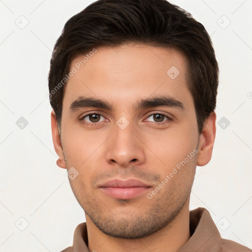 Neutral white young-adult male with short  brown hair and brown eyes