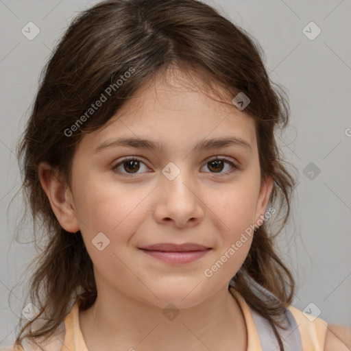 Joyful white child female with medium  brown hair and brown eyes