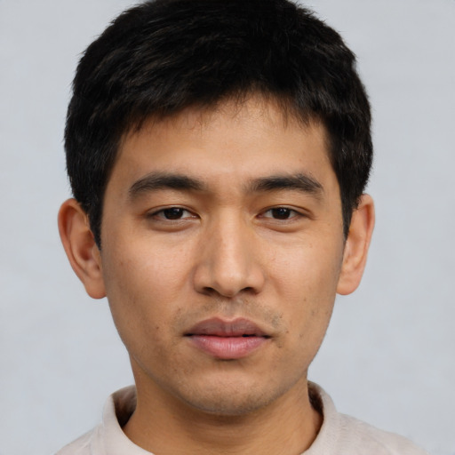 Neutral asian young-adult male with short  black hair and brown eyes