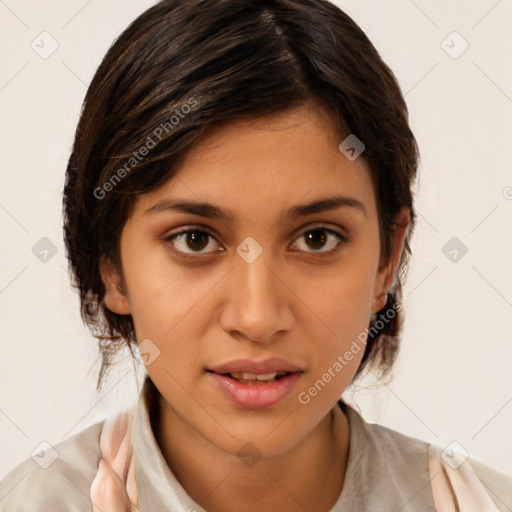 Joyful white young-adult female with medium  brown hair and brown eyes