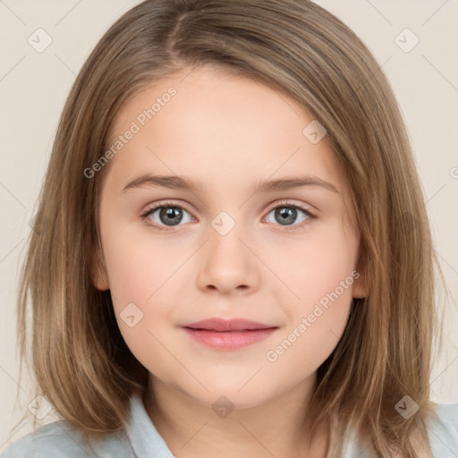 Joyful white child female with medium  brown hair and brown eyes