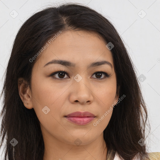 Joyful asian young-adult female with long  brown hair and brown eyes