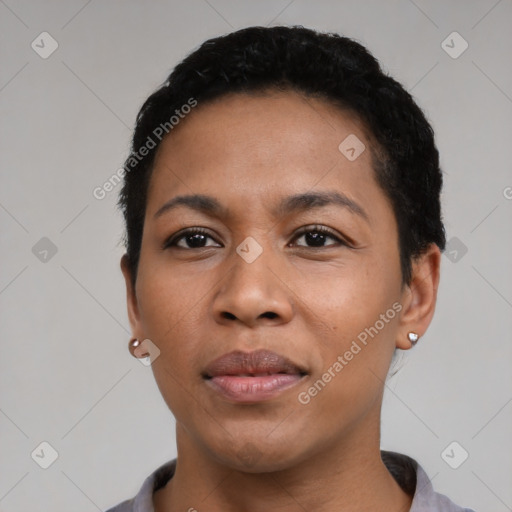 Neutral black young-adult female with short  black hair and brown eyes