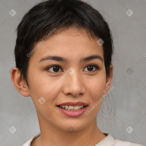 Joyful asian young-adult female with short  brown hair and brown eyes