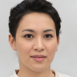 Joyful asian young-adult female with short  brown hair and brown eyes