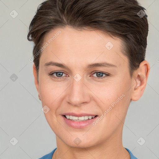 Joyful white young-adult female with short  brown hair and brown eyes