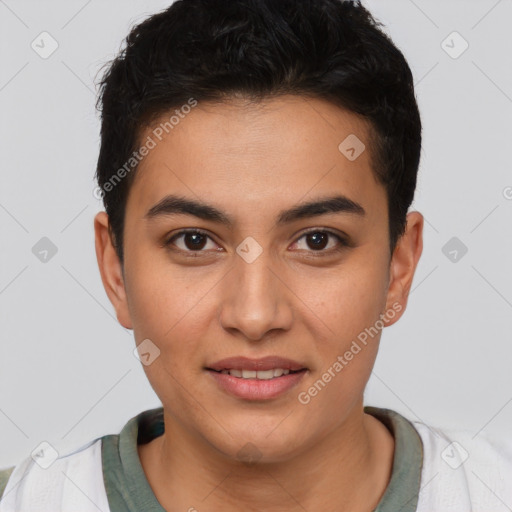 Joyful latino young-adult male with short  brown hair and brown eyes