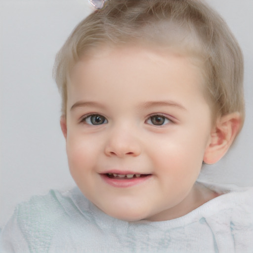 Joyful white child female with short  brown hair and blue eyes