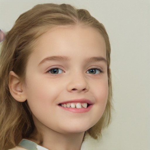 Joyful white child female with medium  brown hair and blue eyes