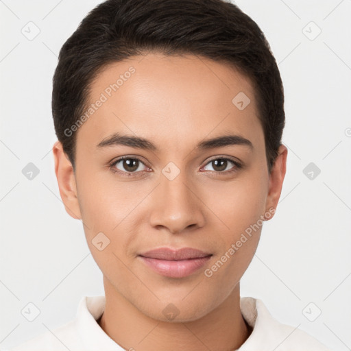 Joyful white young-adult female with short  brown hair and brown eyes