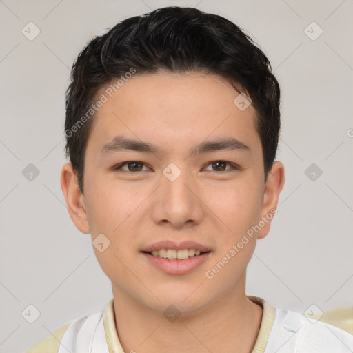 Joyful asian young-adult male with short  brown hair and brown eyes