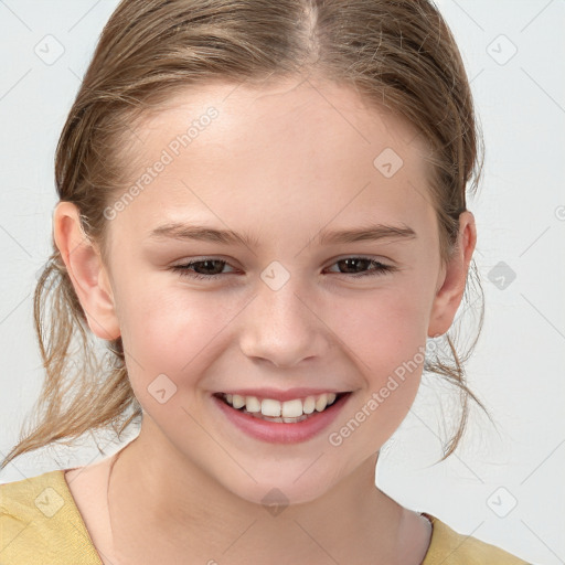 Joyful white child female with medium  brown hair and brown eyes