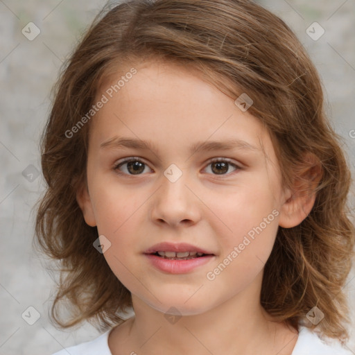 Joyful white child female with medium  brown hair and brown eyes