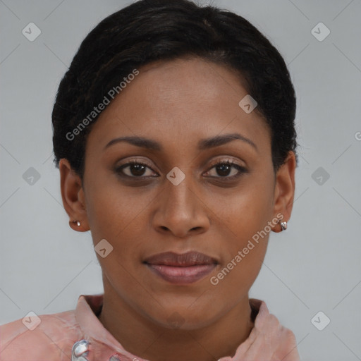 Joyful latino young-adult female with short  brown hair and brown eyes