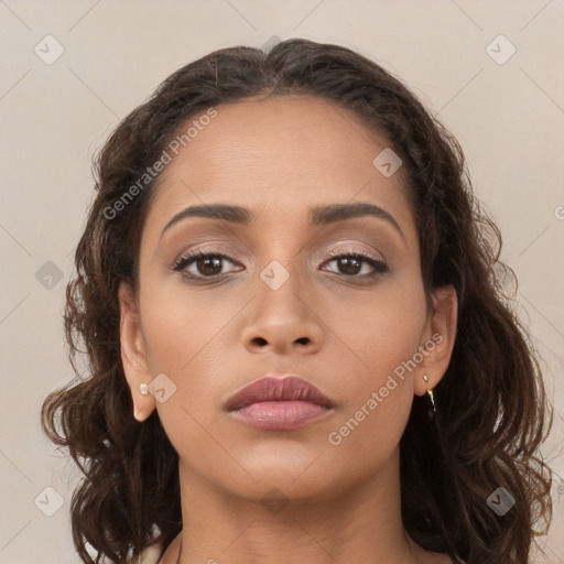 Neutral white young-adult female with long  brown hair and brown eyes