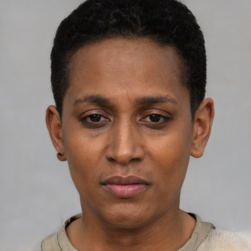 Neutral black young-adult female with short  black hair and brown eyes