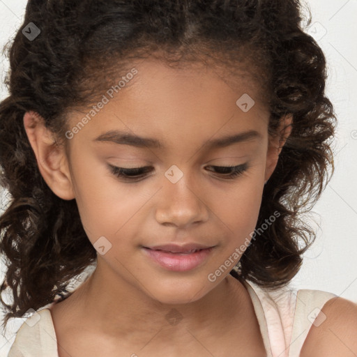 Joyful white child female with medium  brown hair and brown eyes