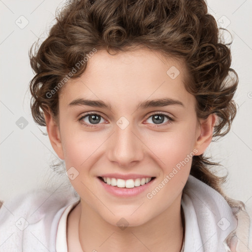 Joyful white child female with medium  brown hair and brown eyes