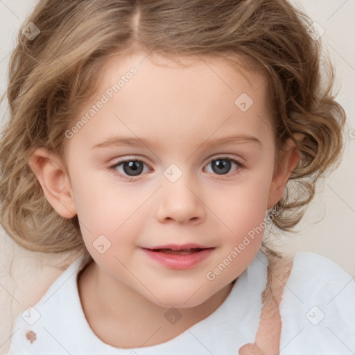 Joyful white child female with medium  brown hair and blue eyes