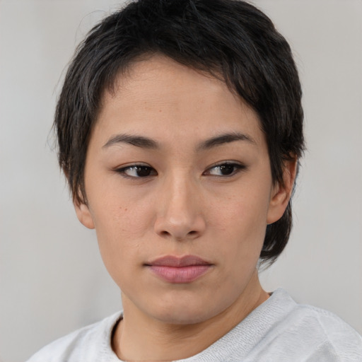 Neutral asian young-adult female with short  brown hair and brown eyes