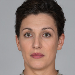 Neutral white adult female with short  brown hair and brown eyes