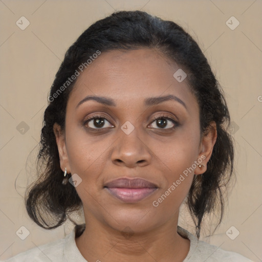 Joyful black young-adult female with medium  brown hair and brown eyes