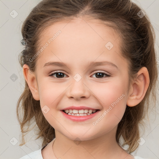 Joyful white child female with medium  brown hair and brown eyes