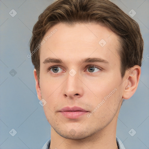 Neutral white young-adult male with short  brown hair and grey eyes