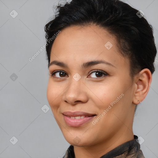 Joyful latino young-adult female with short  brown hair and brown eyes