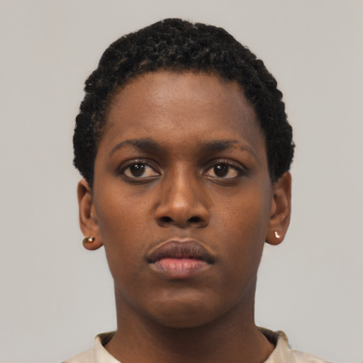 Neutral black young-adult female with short  black hair and brown eyes