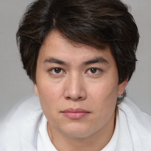 Joyful white young-adult male with medium  brown hair and brown eyes
