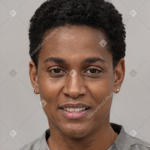 Joyful black young-adult male with short  black hair and brown eyes