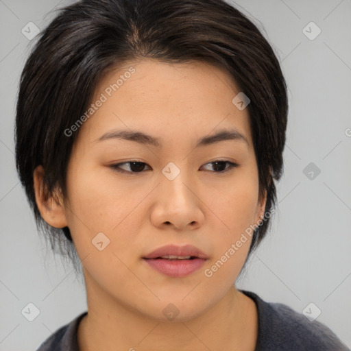 Neutral asian young-adult female with medium  brown hair and brown eyes