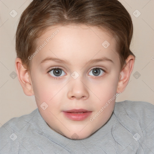 Joyful white child female with short  brown hair and brown eyes